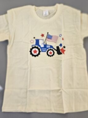Cream Kids Tee with Blue Tractor and American Flag